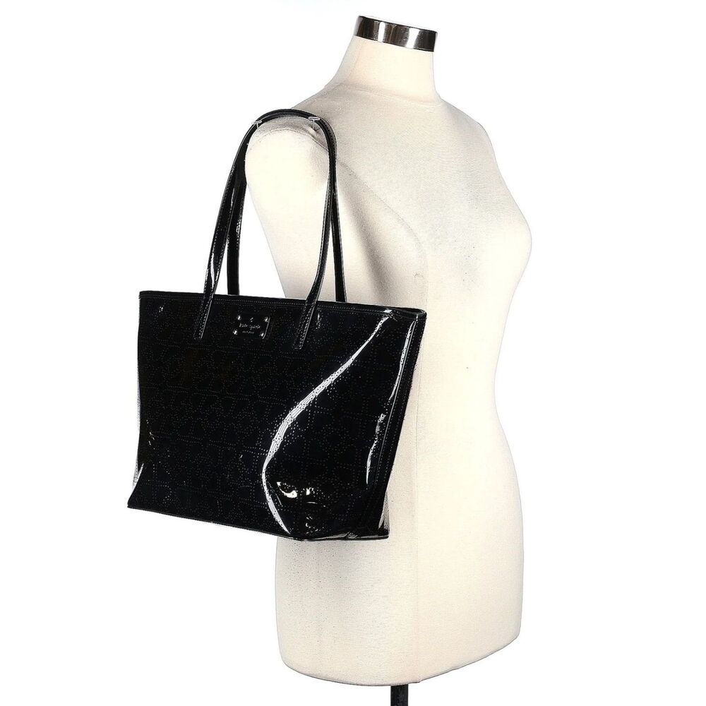 Kate Spade Black Patent Perforated Hearts Harmony Large Tote Bag VGUC